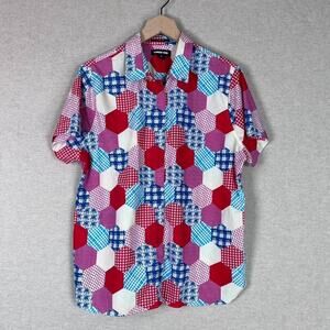 Lands End Womens Button Up Top Size 16 1X Patchwork No Iron Career Office Artsy